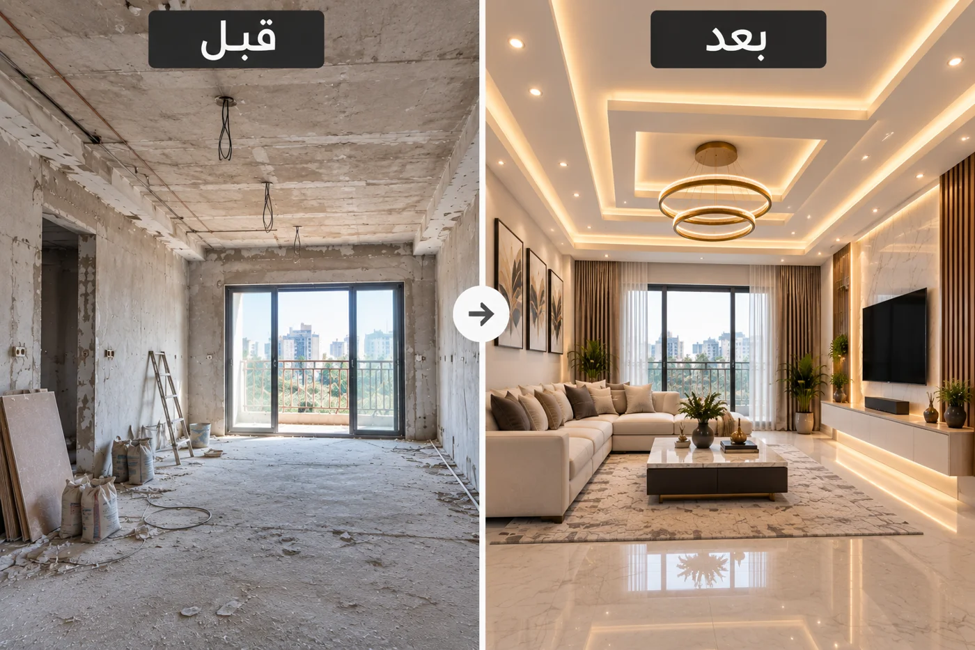 مقارنة قبل وبعد لتجديد صالة معيشة كاملة في الرياض