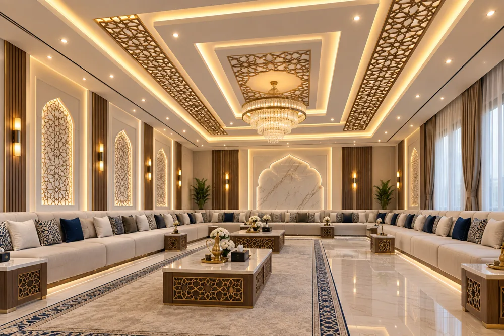 مجلس فاخر بسقف جبسي هندسي وإضاءة مخفية